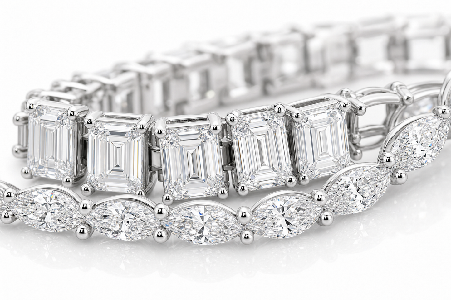 Emerald Cut & Marquise sterling silver tennis bracelet stack - detail