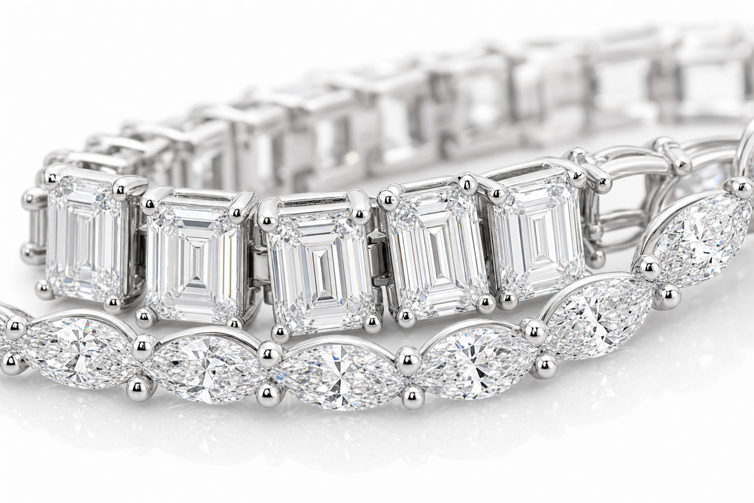 Emerald Cut & Marquise sterling silver tennis bracelet stack - detail