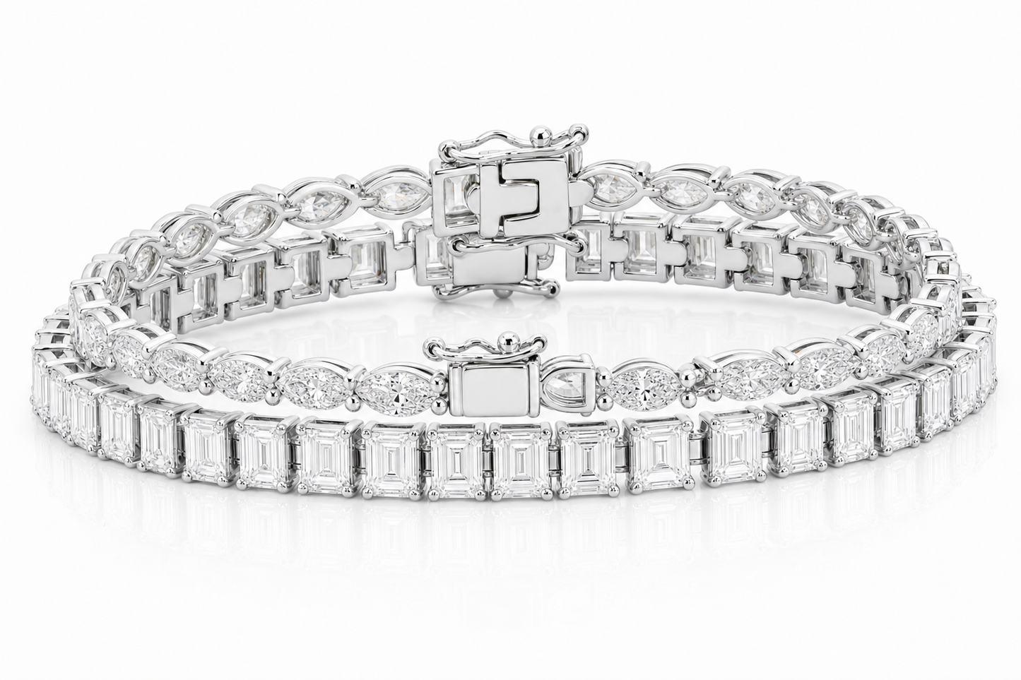 Emerald Cut & Marquise sterling silver tennis bracelet stack - hero