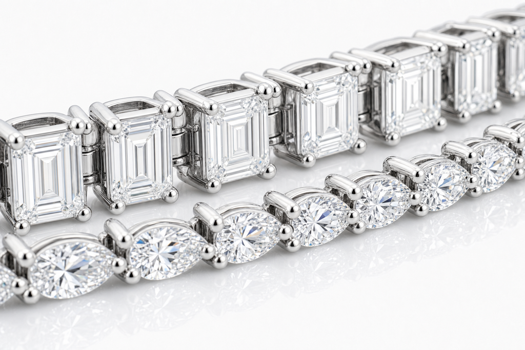 Emerald Cut & Pear sterling silver tennis bracelet stack - detail