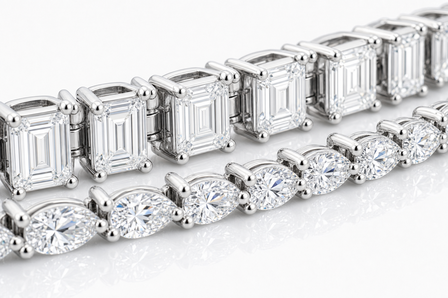 Emerald Cut & Pear sterling silver tennis bracelet stack - detail