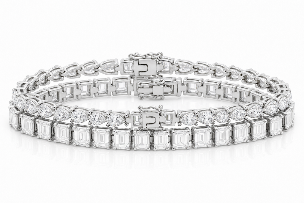 Emerald Cut & Pear sterling silver tennis bracelet stack - hero