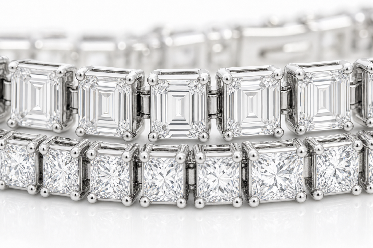 Emerald Cut & Princess sterling silver tennis bracelet stack - detail