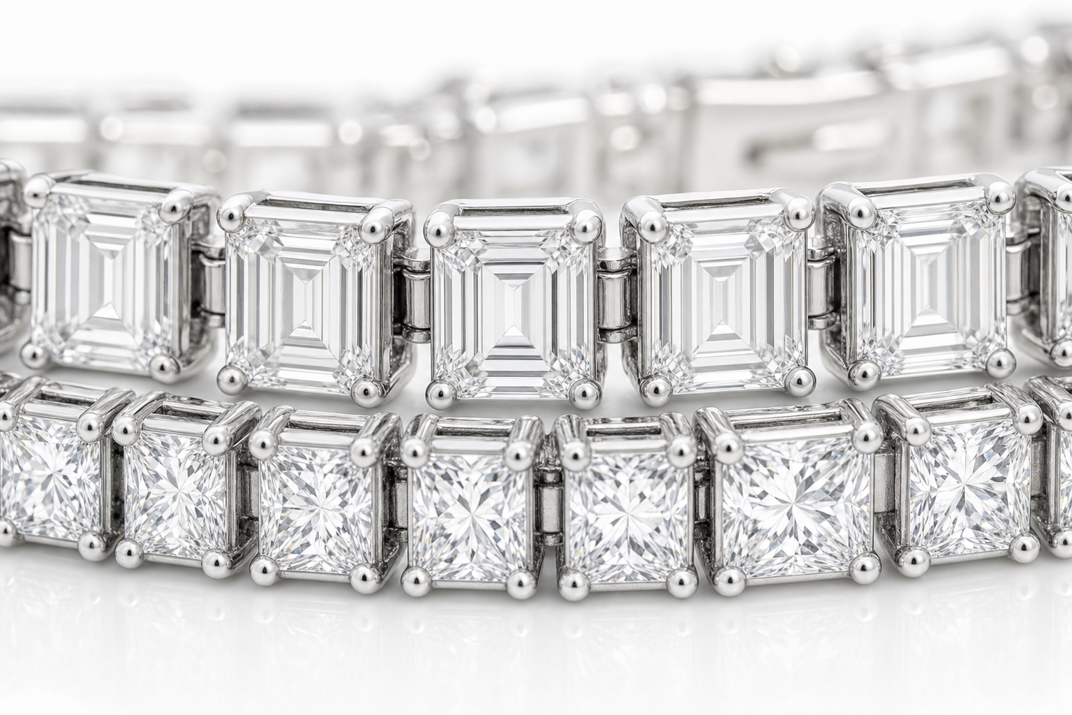 Emerald Cut & Princess sterling silver tennis bracelet stack - detail