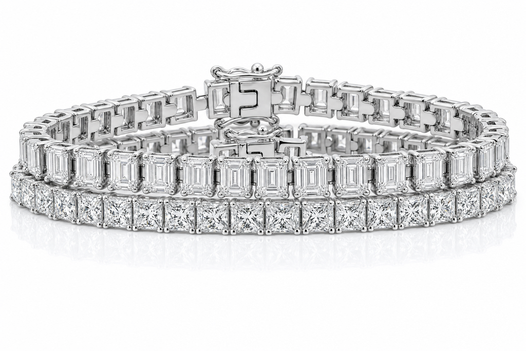 Emerald Cut & Princess sterling silver tennis bracelet stack - hero