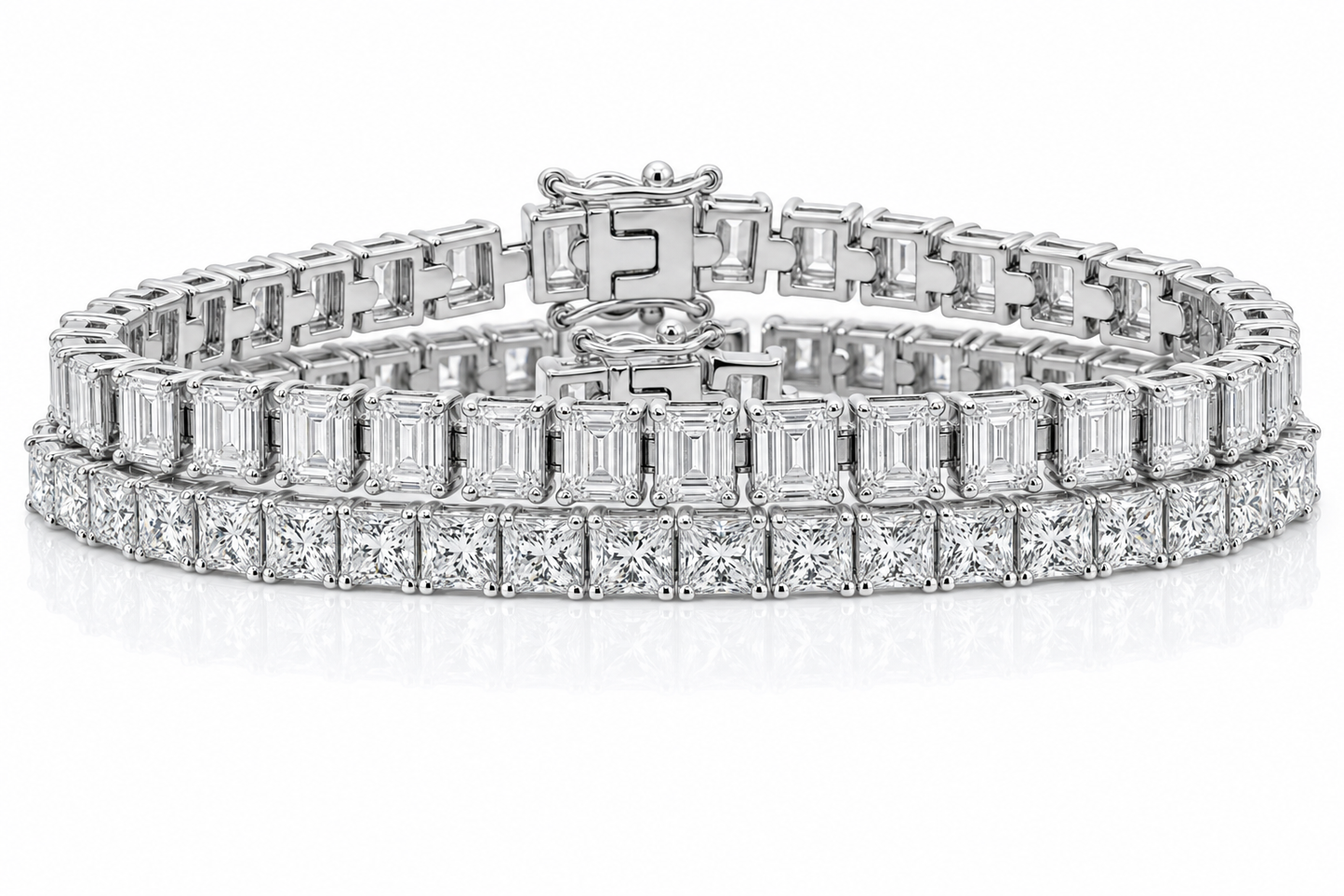 Emerald Cut & Princess sterling silver tennis bracelet stack - hero