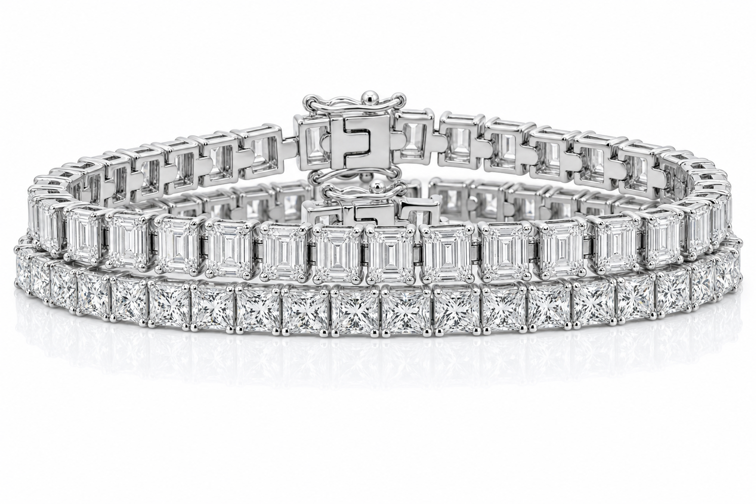 Emerald Cut & Princess sterling silver tennis bracelet stack - hero