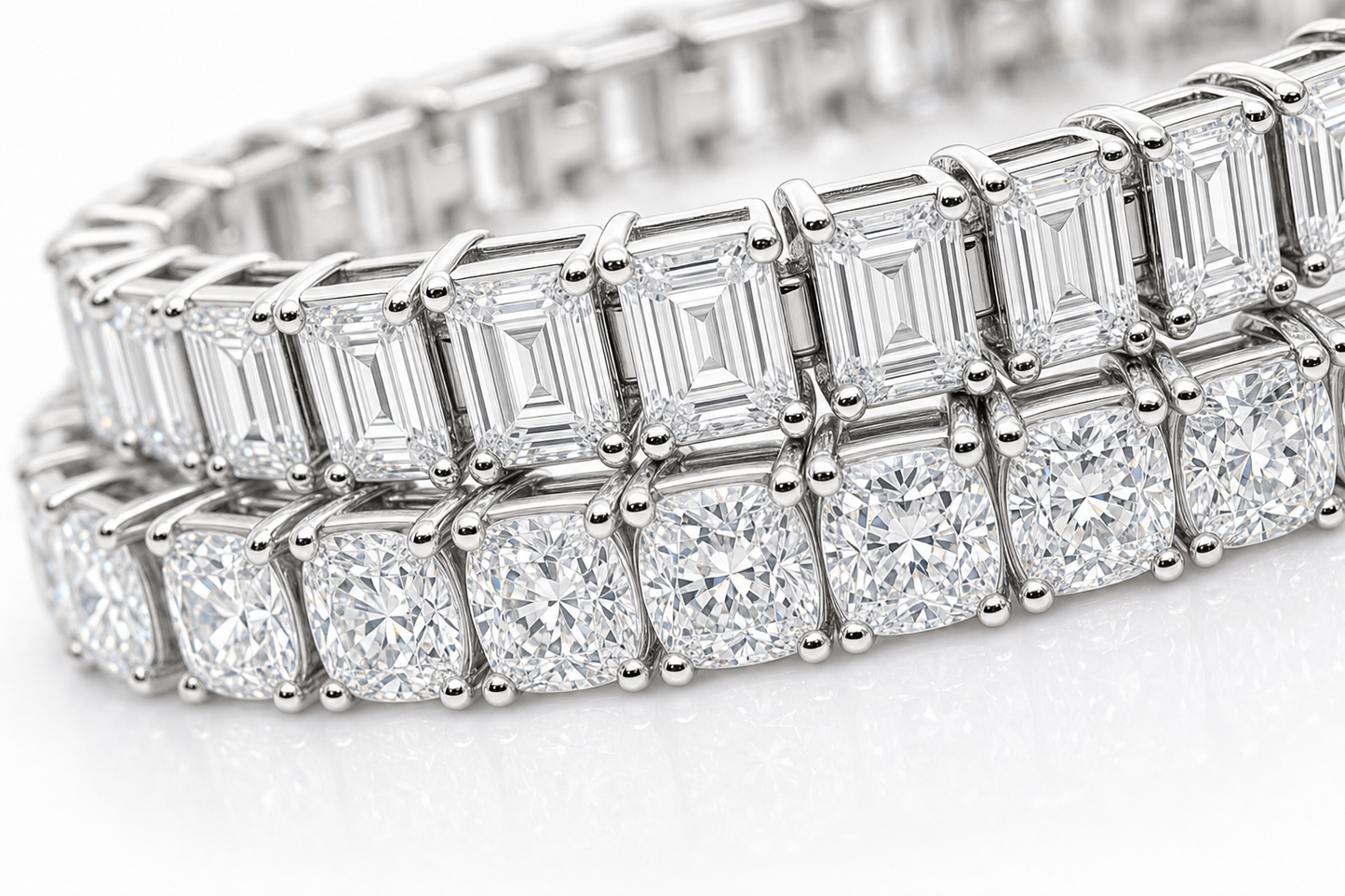 Emerald Cut & Cushion sterling silver tennis bracelet stack - detail