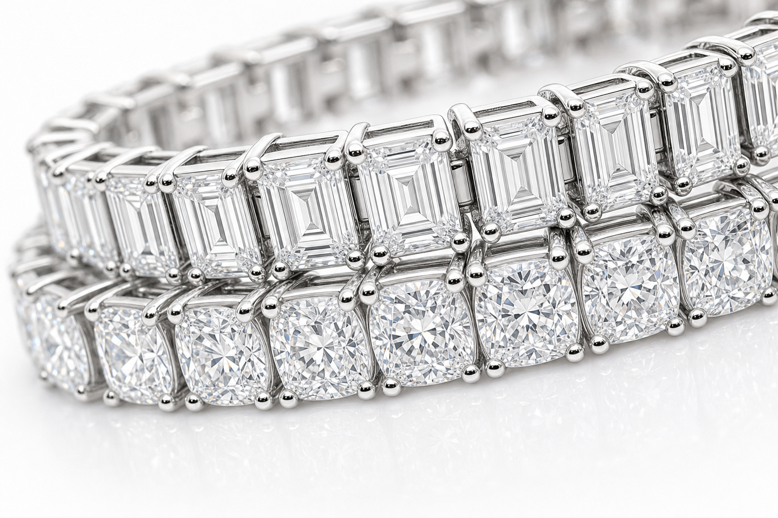 Emerald Cut & Cushion sterling silver tennis bracelet stack - detail