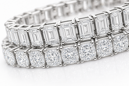 Emerald Cut & Cushion sterling silver tennis bracelet stack - detail