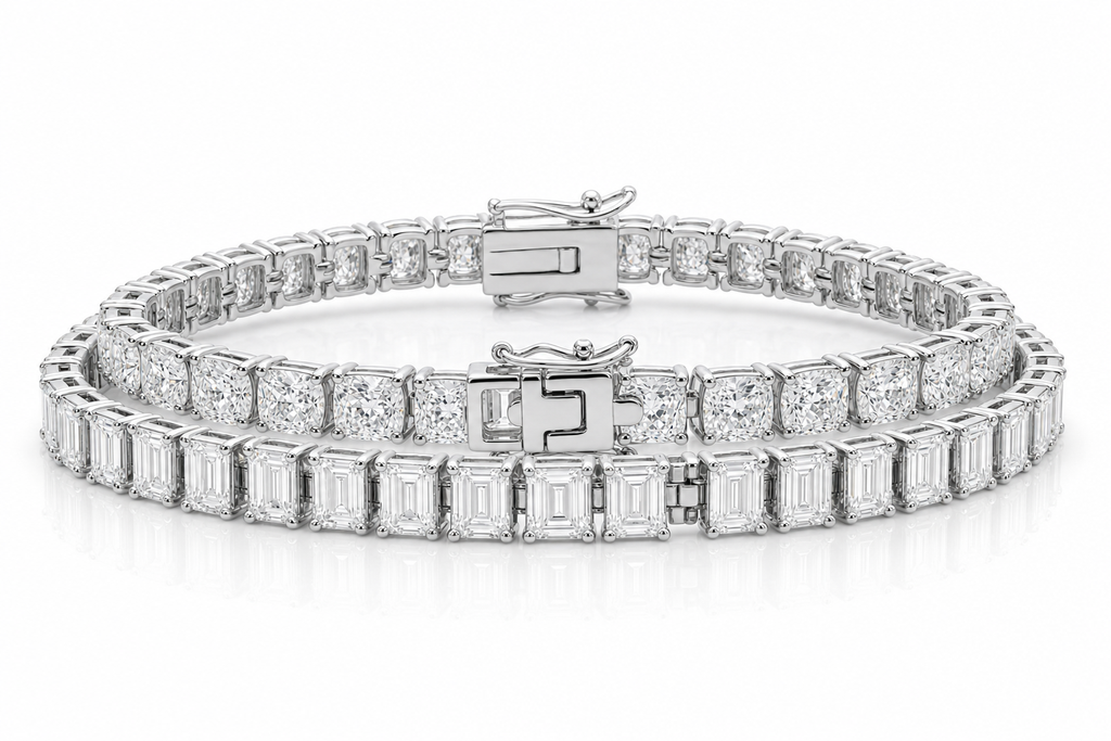 Emerald Cut & Cushion sterling silver tennis bracelet stack - hero