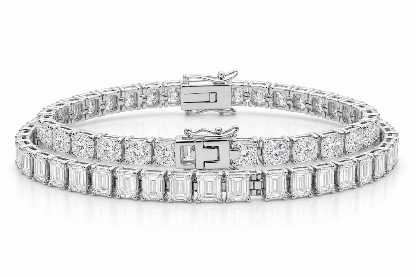 Emerald Cut & Cushion sterling silver tennis bracelet stack - hero