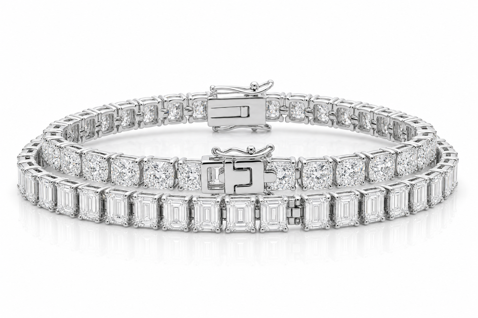 Emerald Cut & Cushion sterling silver tennis bracelet stack - hero