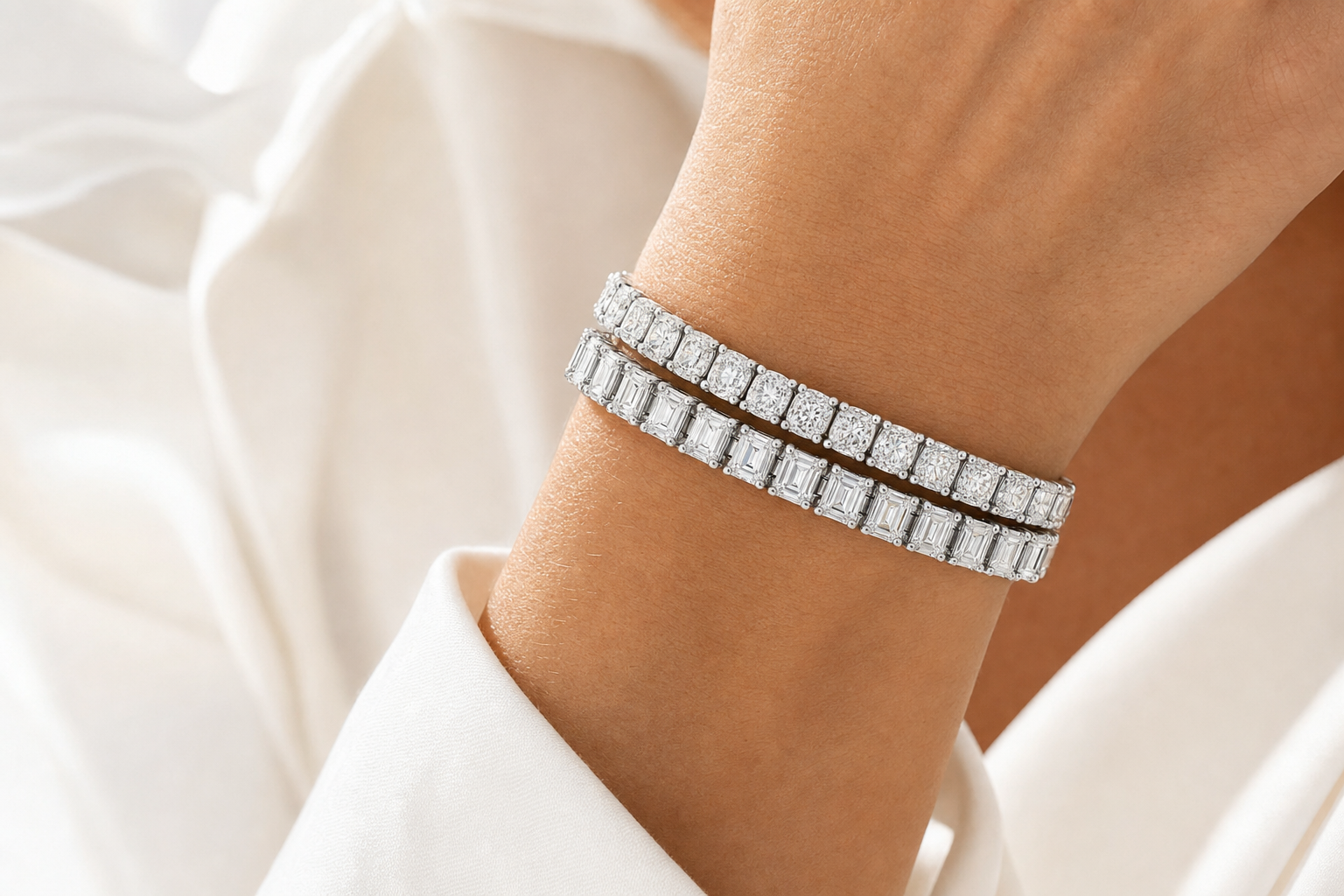 Emerald Cut & Cushion sterling silver tennis bracelet stack - life