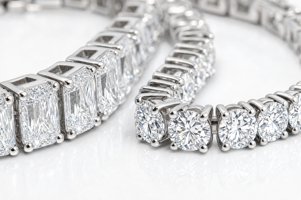 Radiant & Round sterling silver tennis bracelet stack - detail