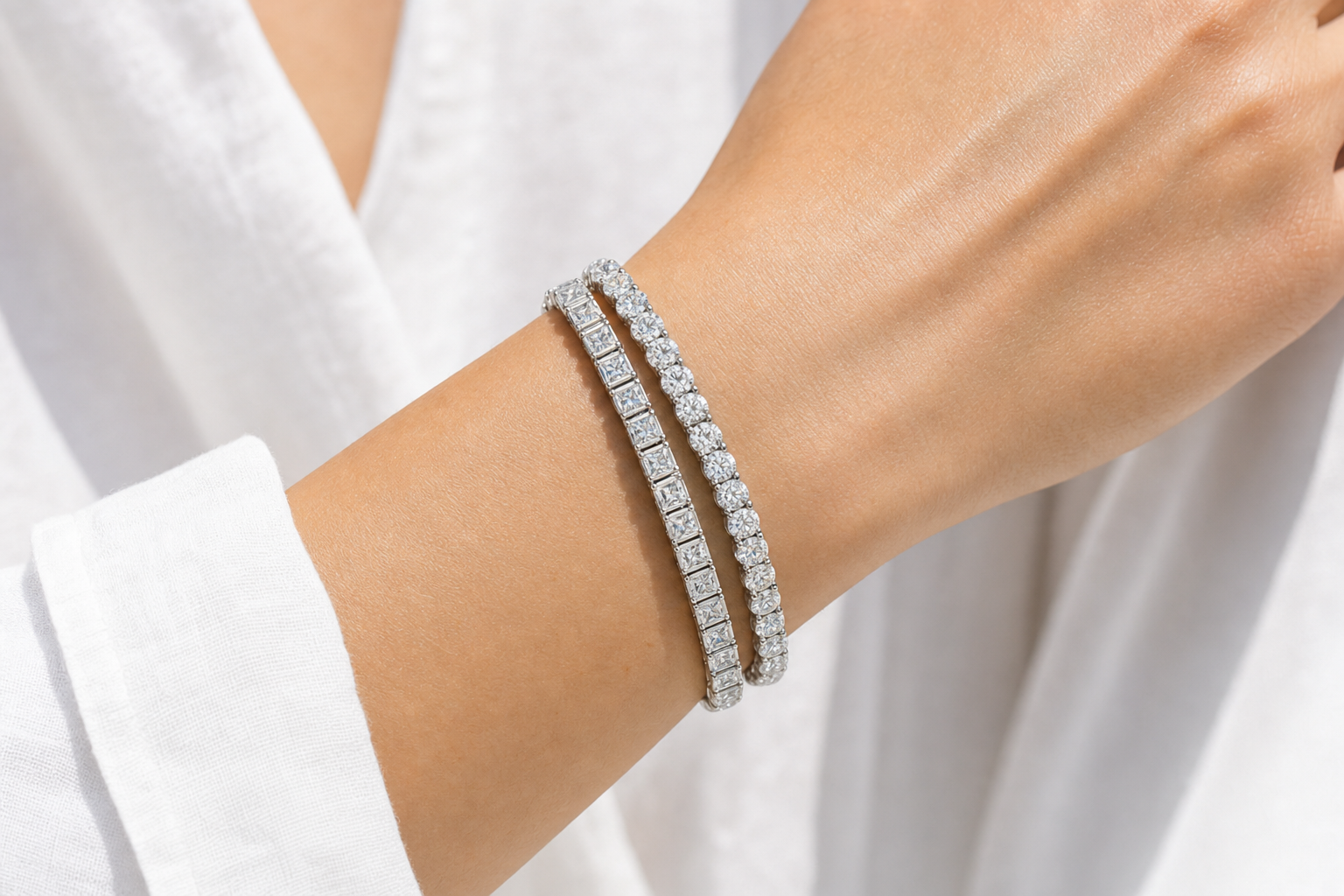 Radiant & Round sterling silver tennis bracelet stack - life