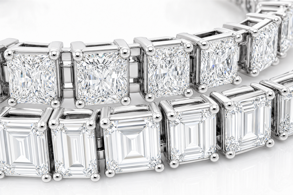 Radiant & Emerald Cut sterling silver tennis bracelet stack - detail