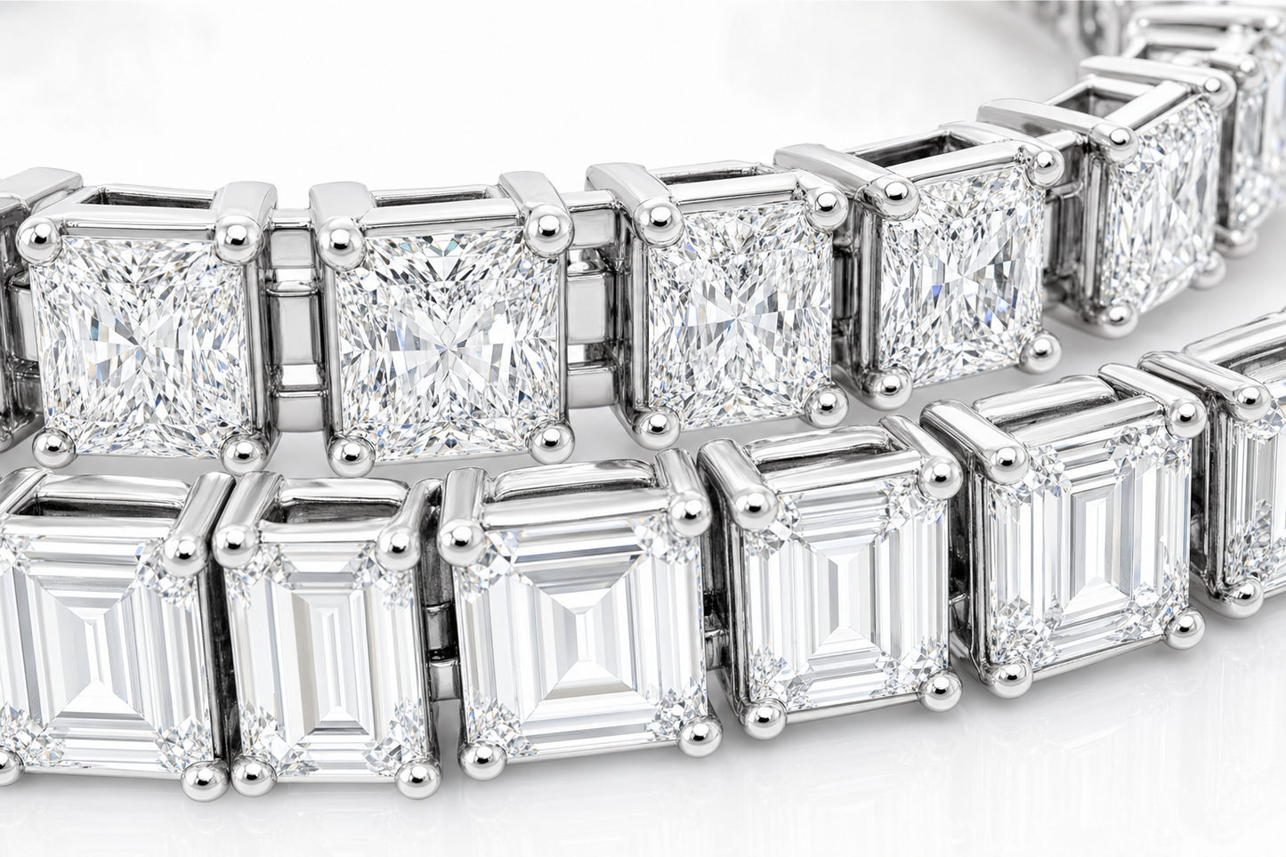 Radiant & Emerald Cut sterling silver tennis bracelet stack - detail