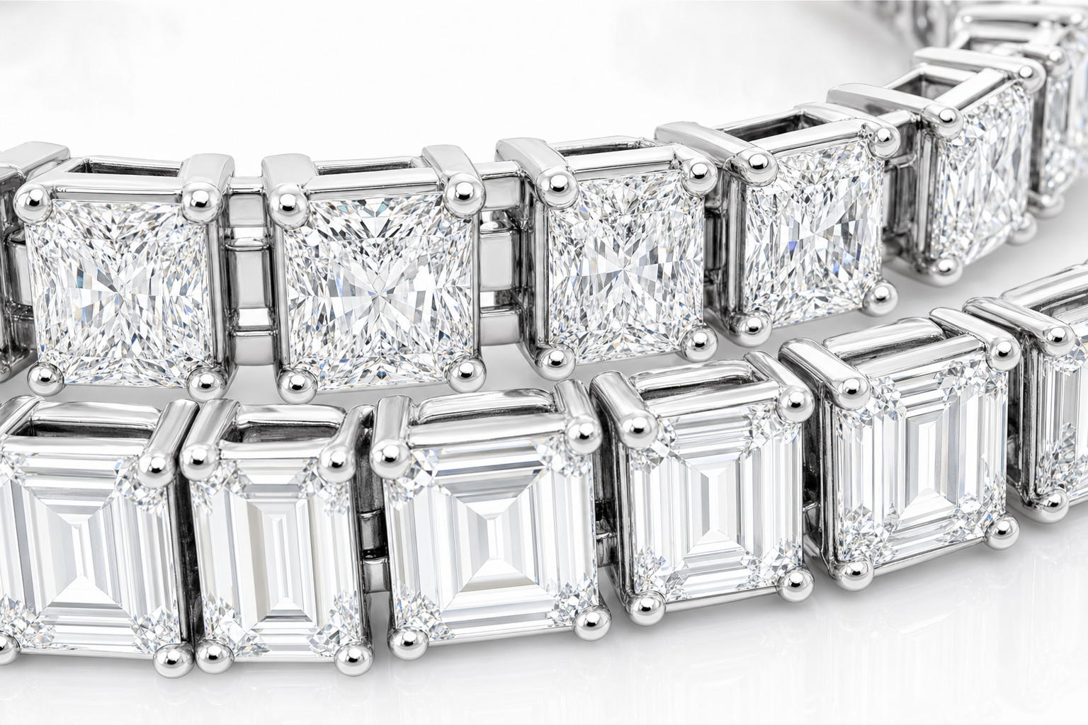 Radiant & Emerald Cut sterling silver tennis bracelet stack - detail