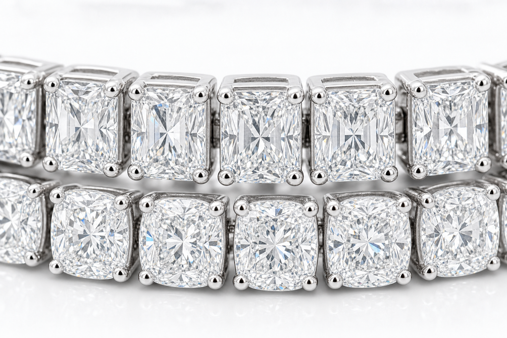Radiant & Elongated Cushion sterling silver tennis bracelet stack - detail