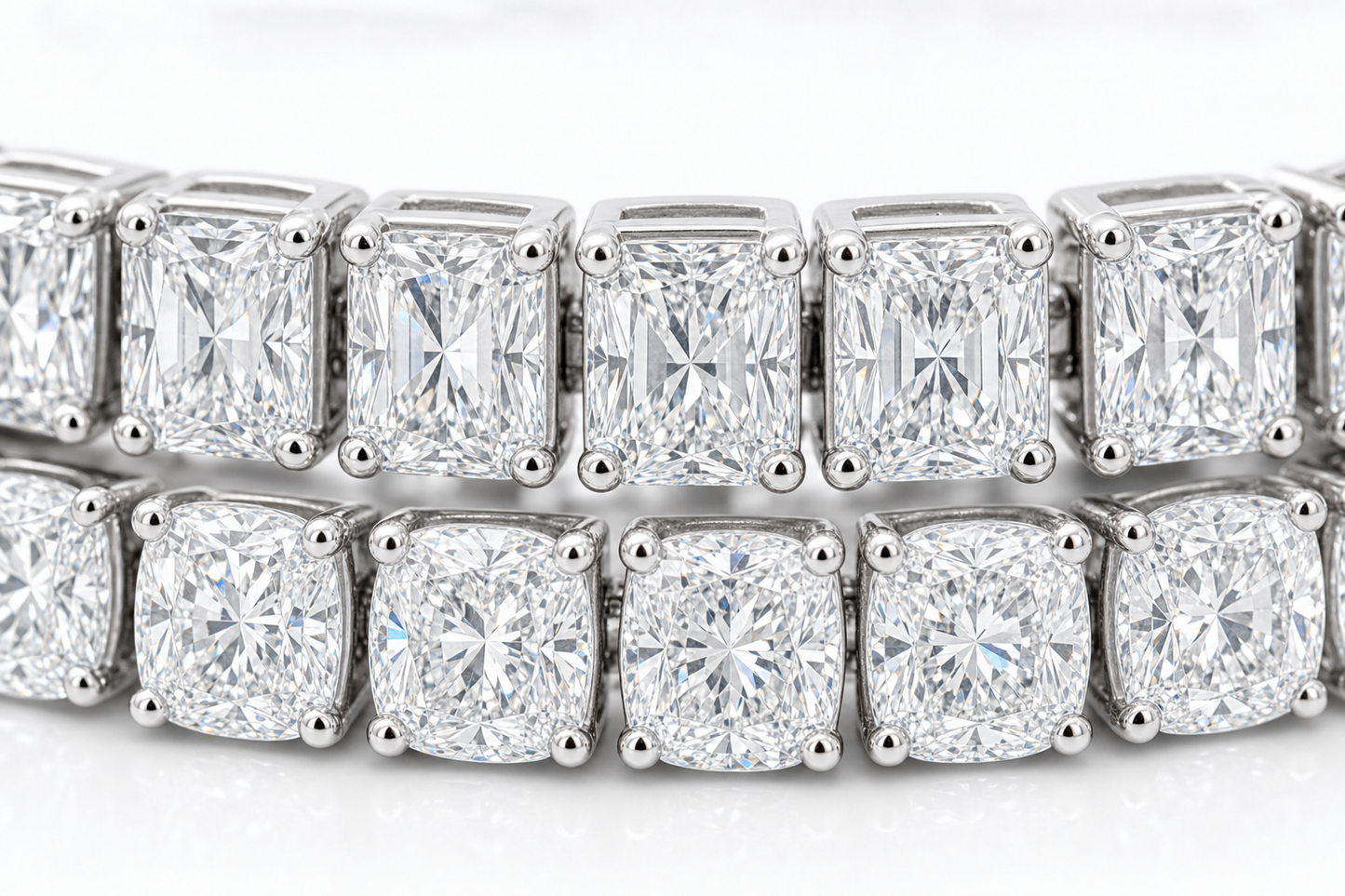 Radiant & Elongated Cushion sterling silver tennis bracelet stack - detail