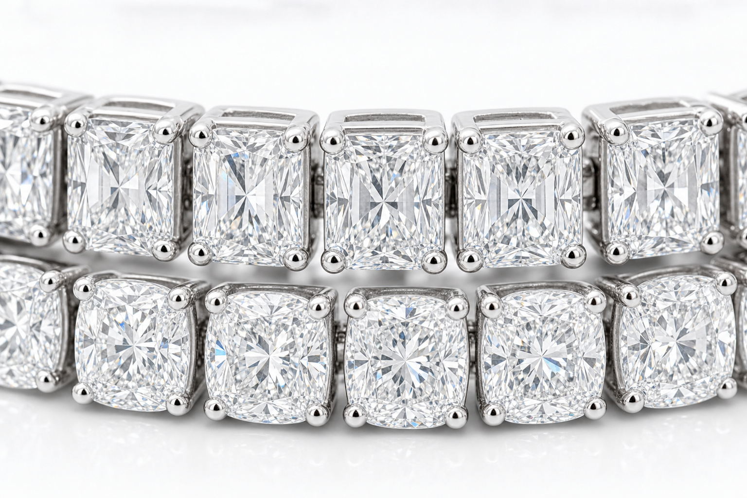 Radiant & Elongated Cushion sterling silver tennis bracelet stack - detail