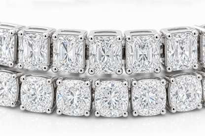 Radiant & Elongated Cushion sterling silver tennis bracelet stack - detail