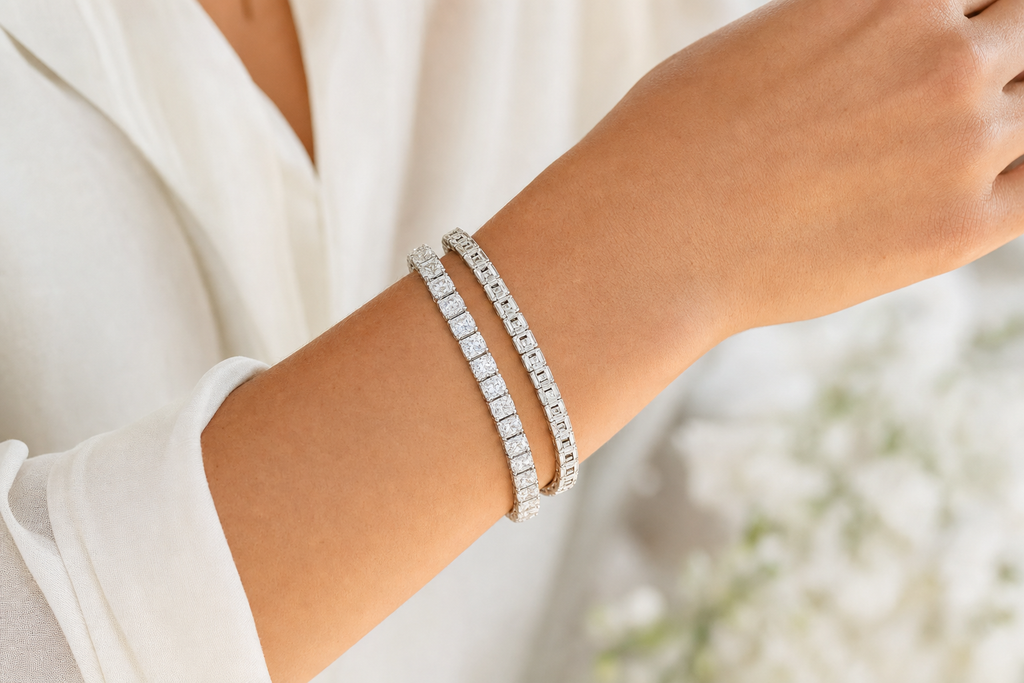Radiant & Elongated Cushion sterling silver tennis bracelet stack - life