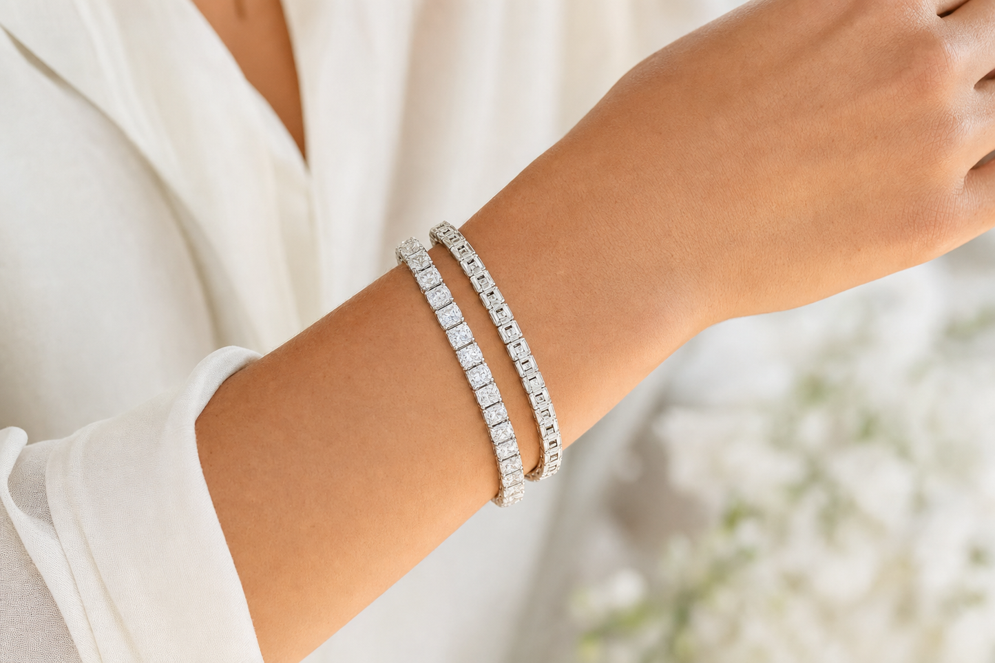 Radiant & Elongated Cushion sterling silver tennis bracelet stack - life