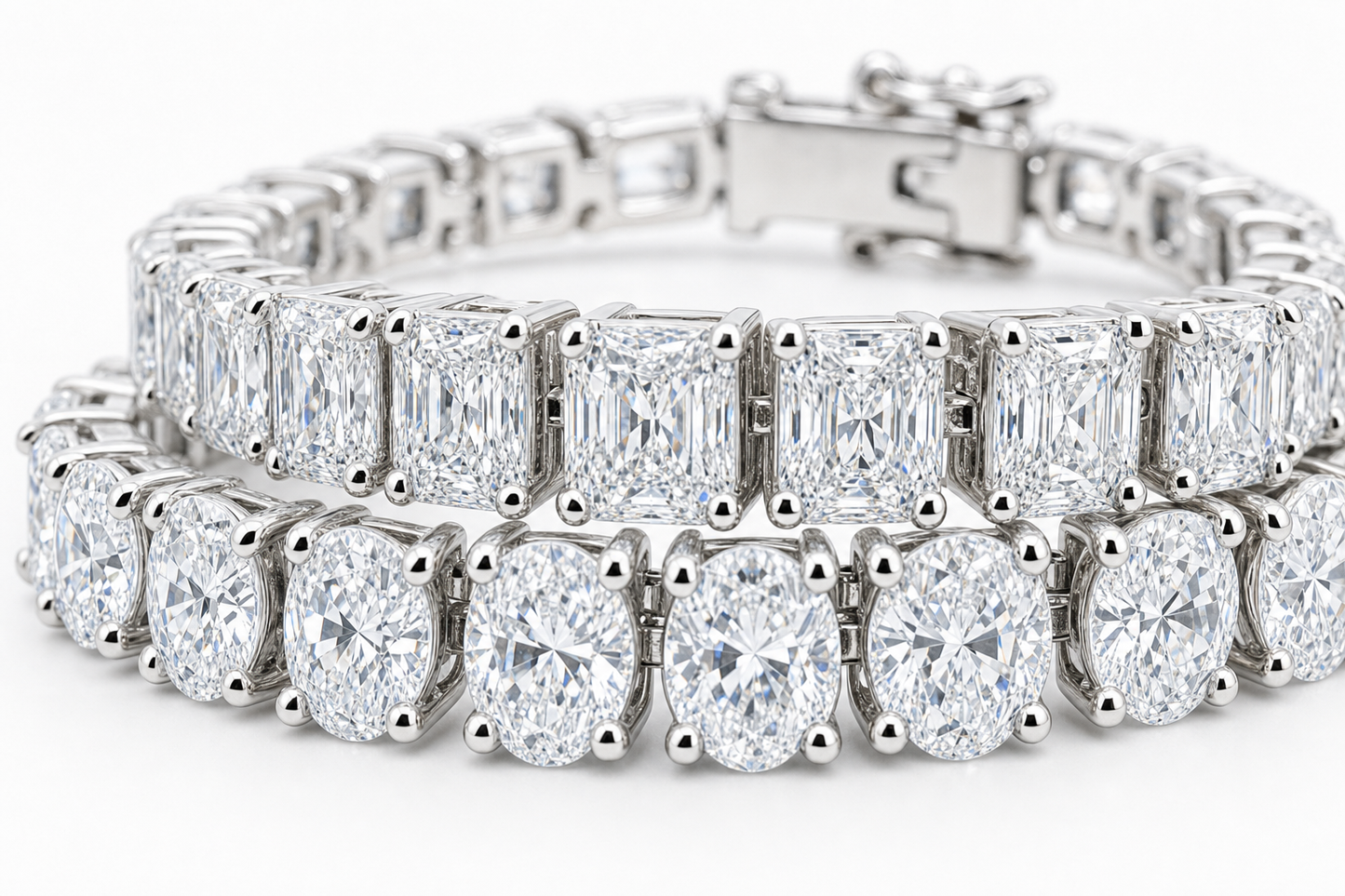 Radiant & Oval sterling silver tennis bracelet stack - detail