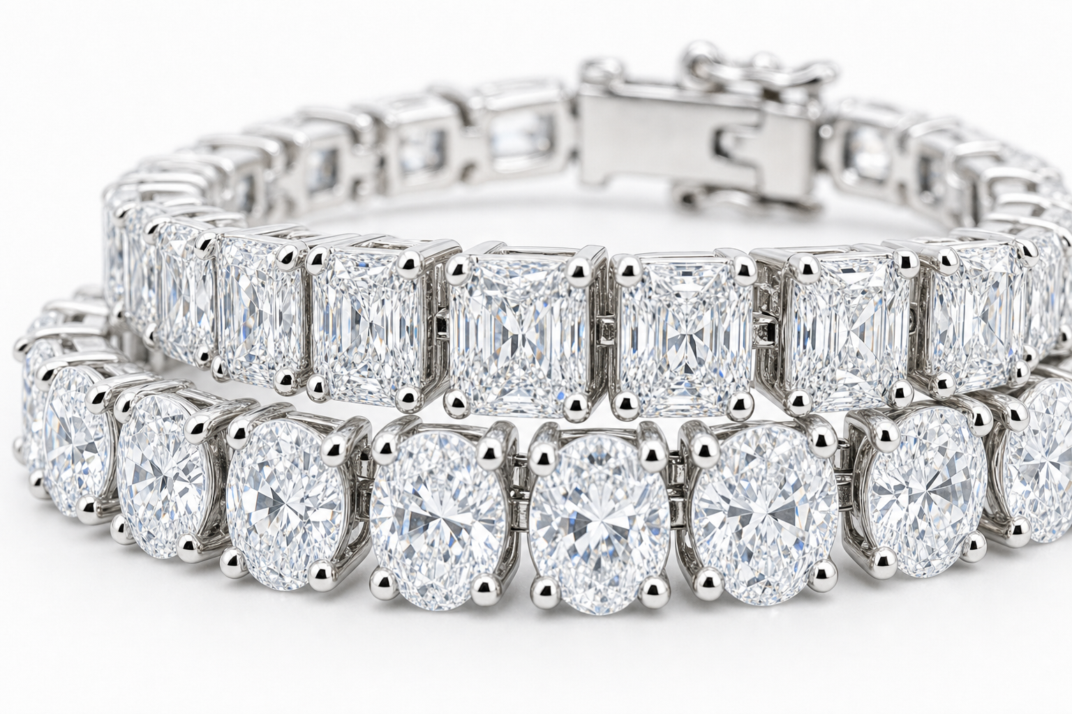 Radiant & Oval sterling silver tennis bracelet stack - detail