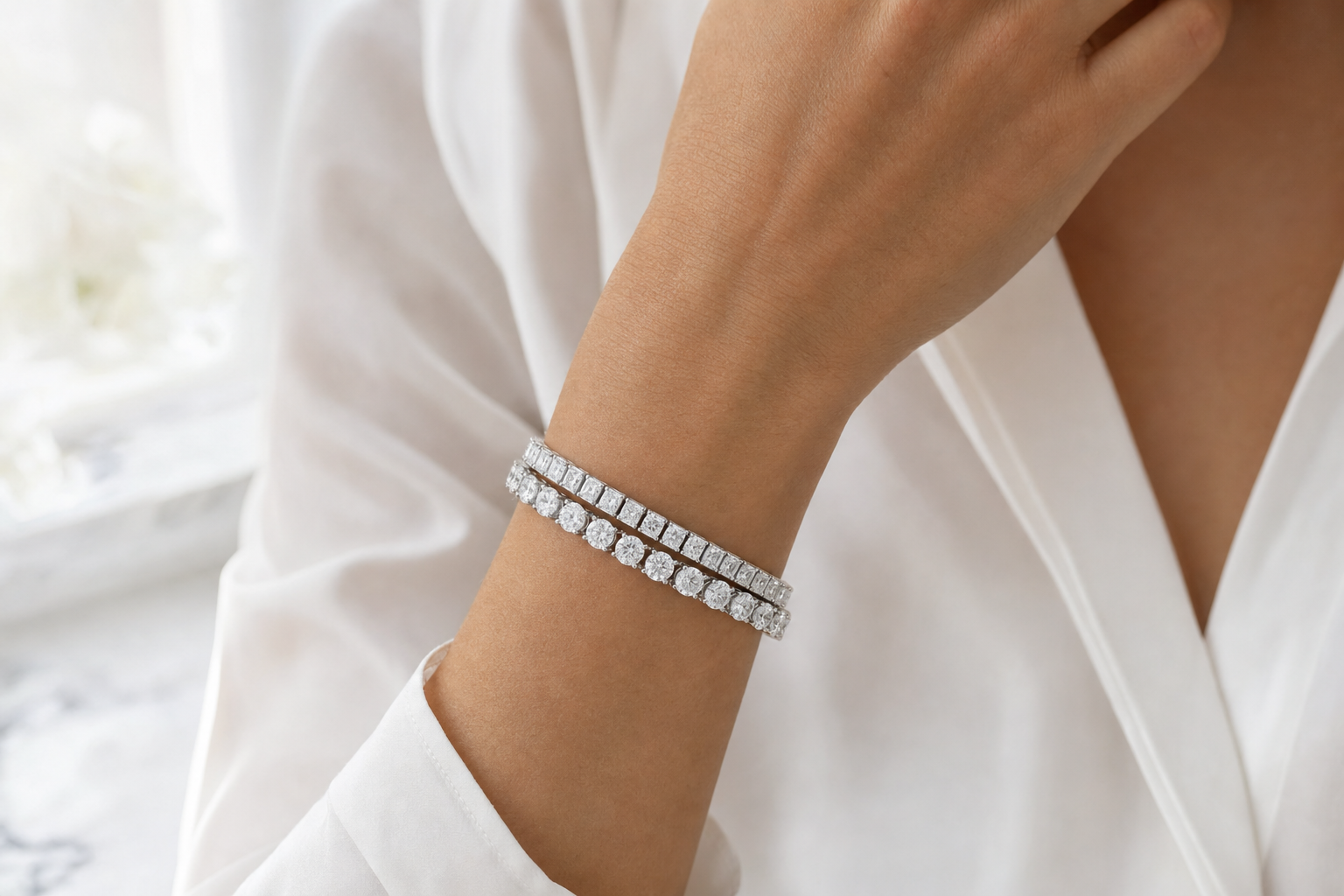 Radiant & Oval sterling silver tennis bracelet stack - life
