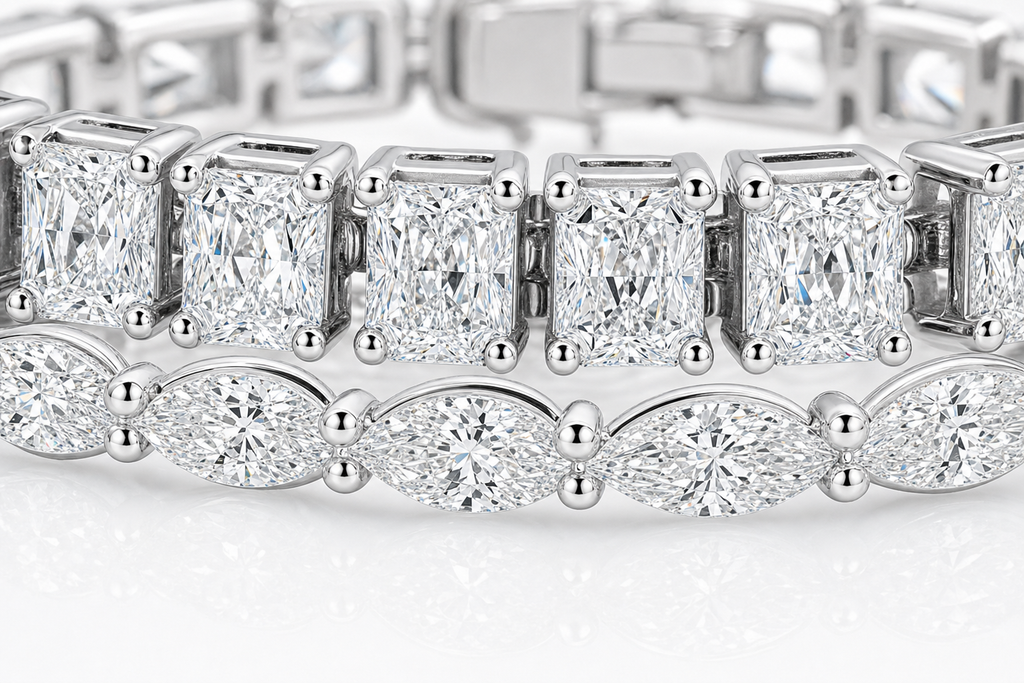 Radiant & Marquise sterling silver tennis bracelet stack - detail