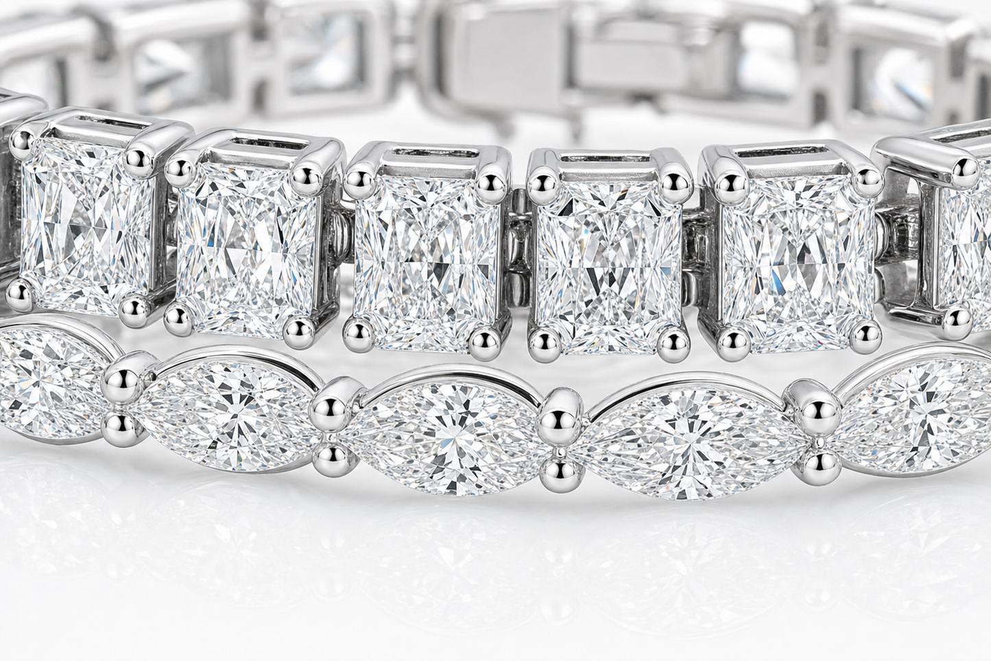 Radiant & Marquise sterling silver tennis bracelet stack - detail