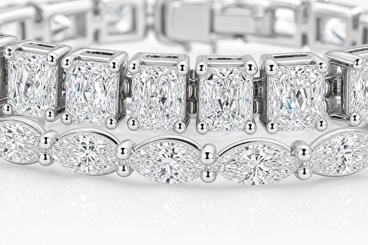 Radiant & Marquise sterling silver tennis bracelet stack - detail