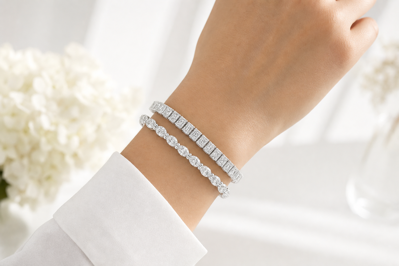 Radiant & Marquise sterling silver tennis bracelet stack - life