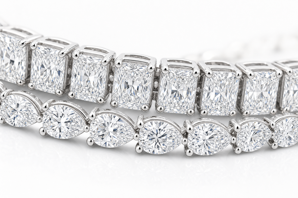 Radiant & Pear sterling silver tennis bracelet stack - detail
