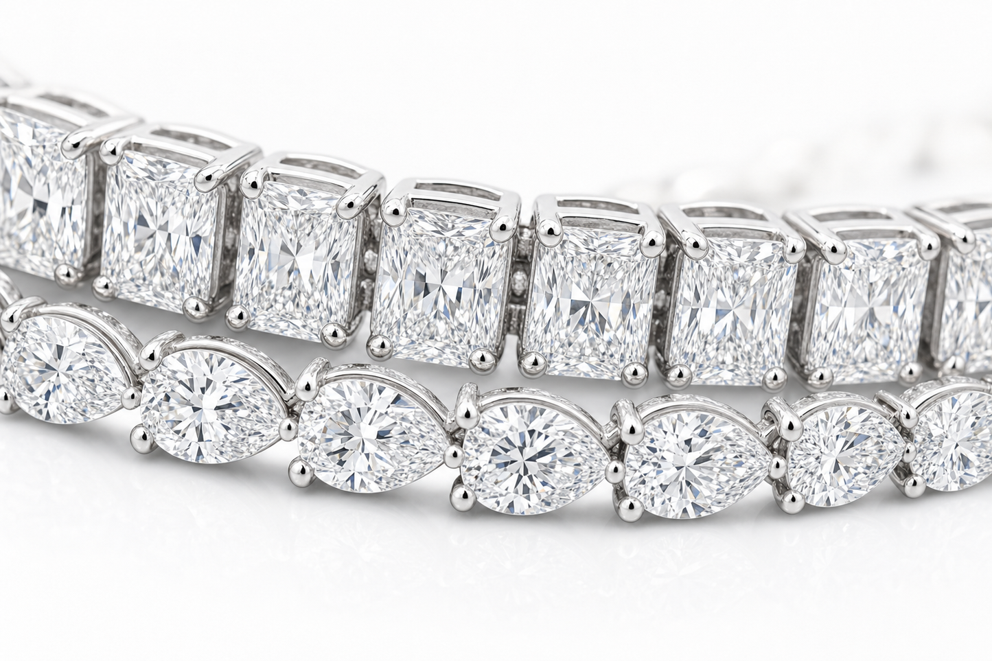 Radiant & Pear sterling silver tennis bracelet stack - detail