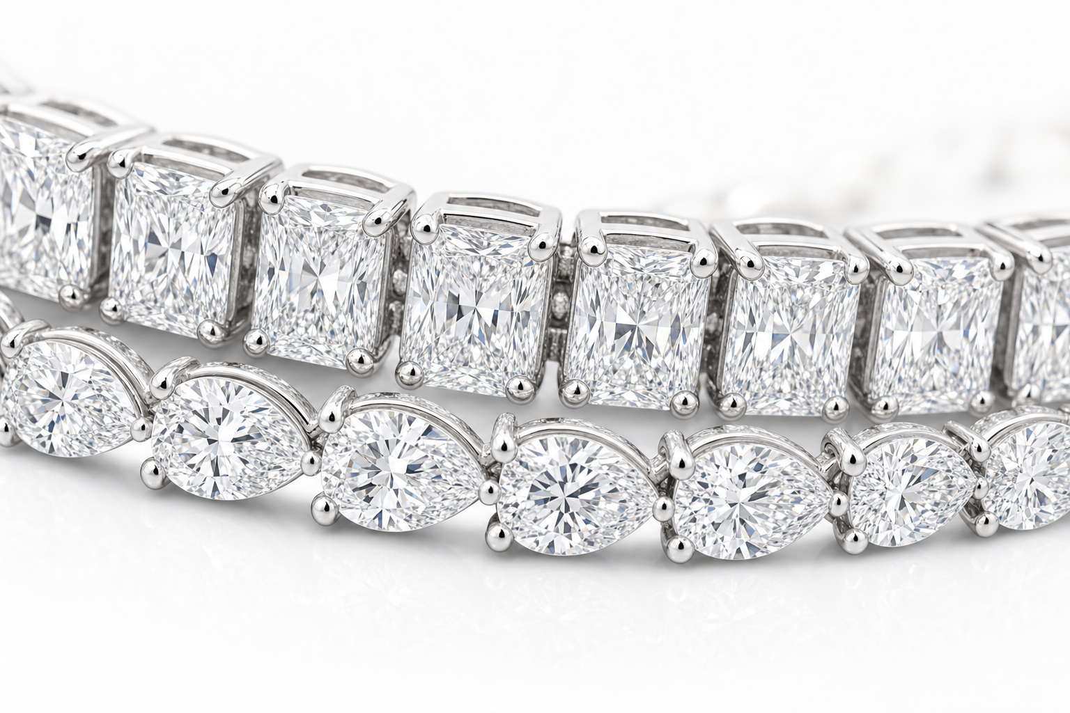 Radiant & Pear sterling silver tennis bracelet stack - detail