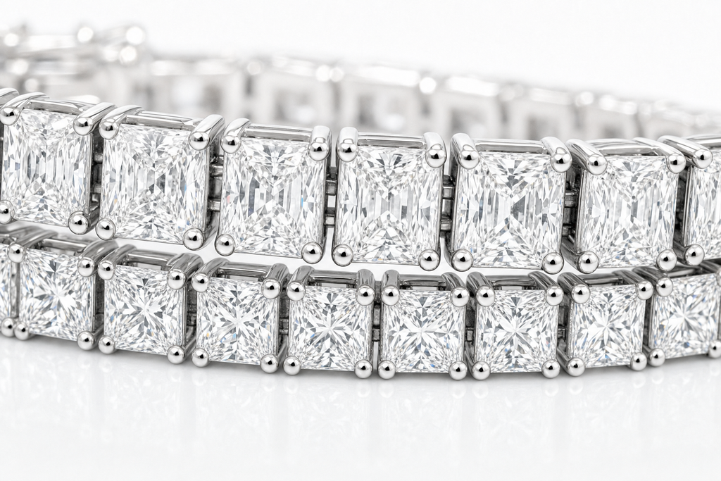 Radiant & Princess sterling silver tennis bracelet stack - detail