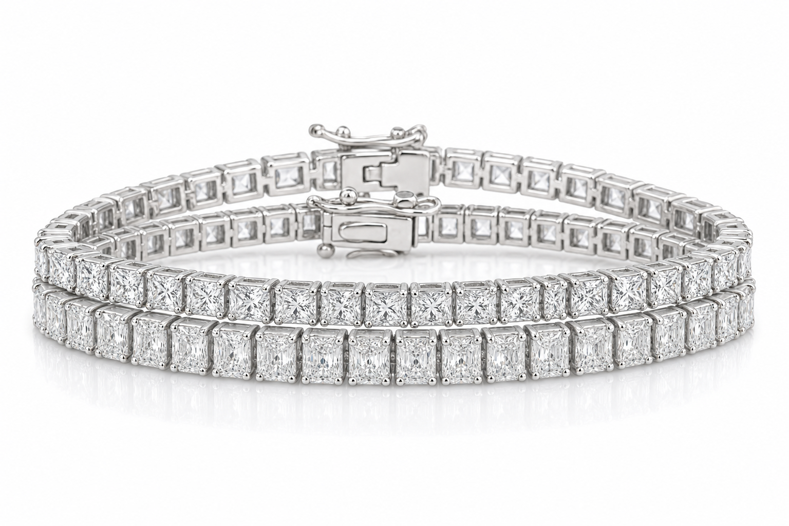 Radiant & Princess sterling silver tennis bracelet stack - hero