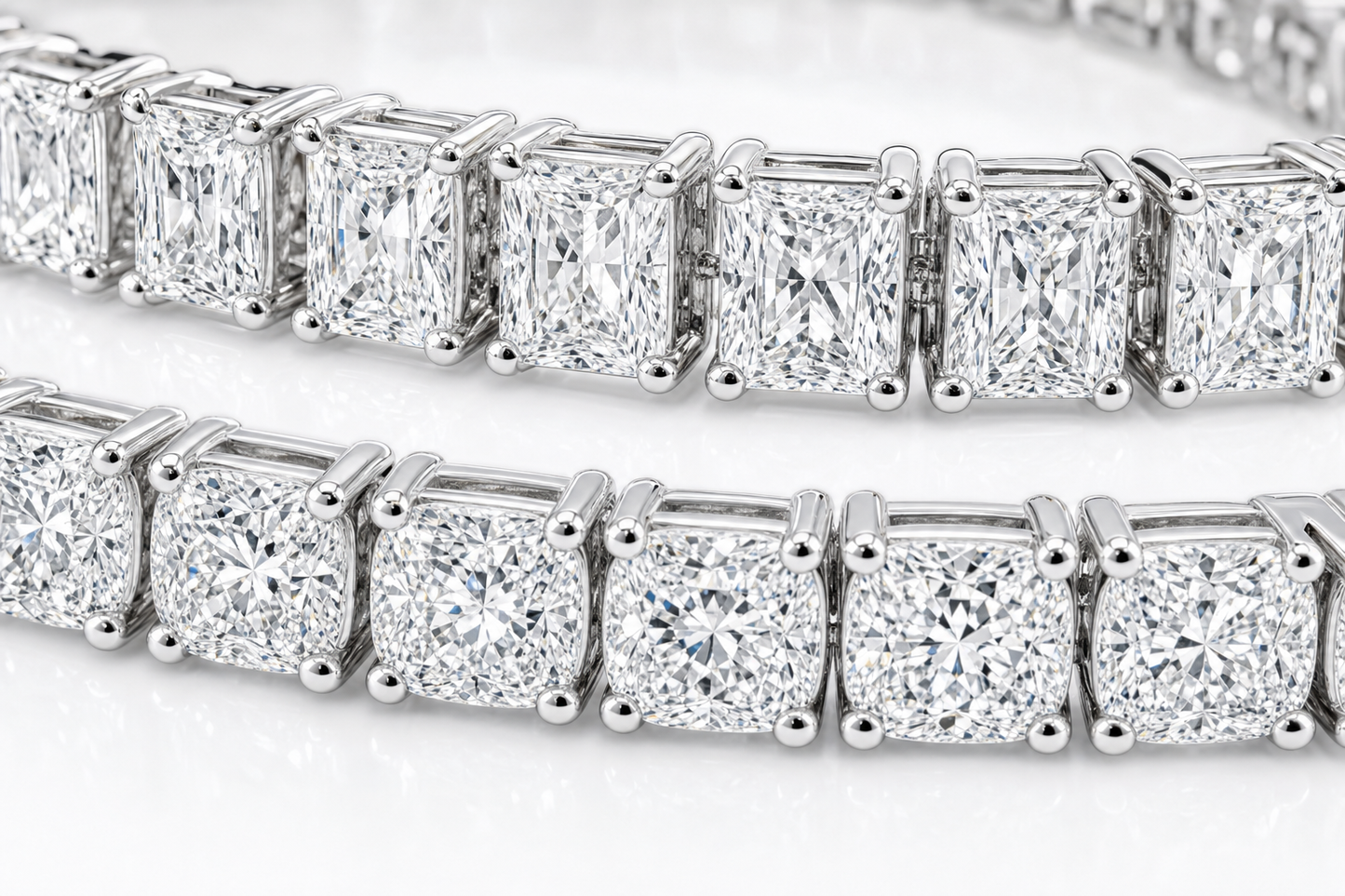 Radiant & Cushion sterling silver tennis bracelet stack - detail