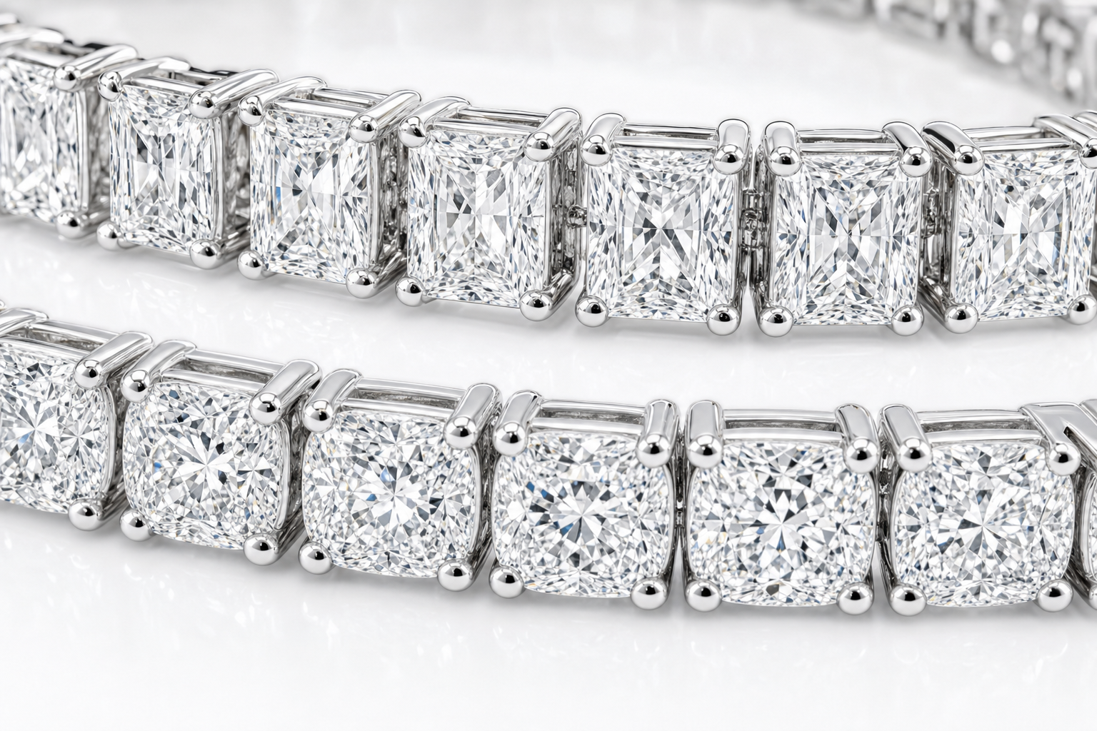 Radiant & Cushion sterling silver tennis bracelet stack - detail