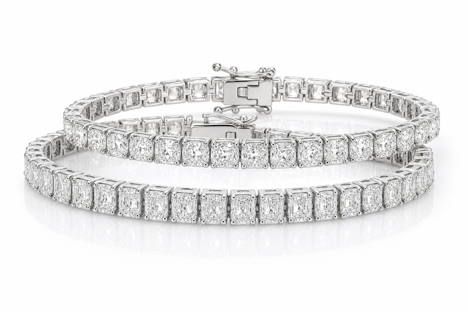 Radiant & Cushion sterling silver tennis bracelet stack - hero