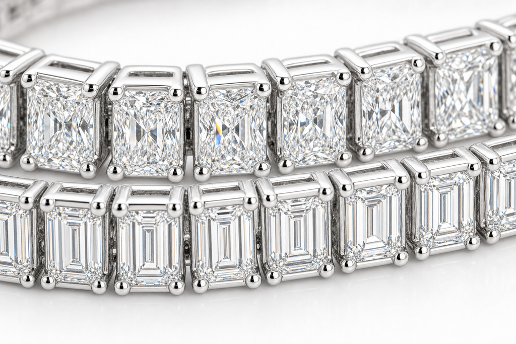 Radiant & Baguette sterling silver tennis bracelet stack - detail