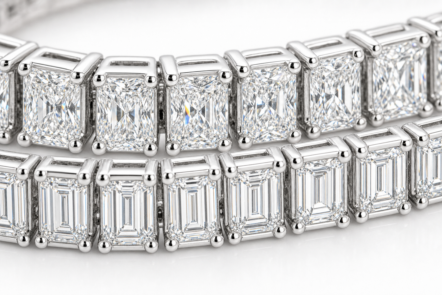 Radiant & Baguette sterling silver tennis bracelet stack - detail
