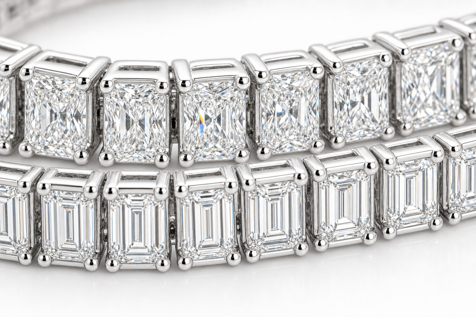 Radiant & Baguette sterling silver tennis bracelet stack - detail