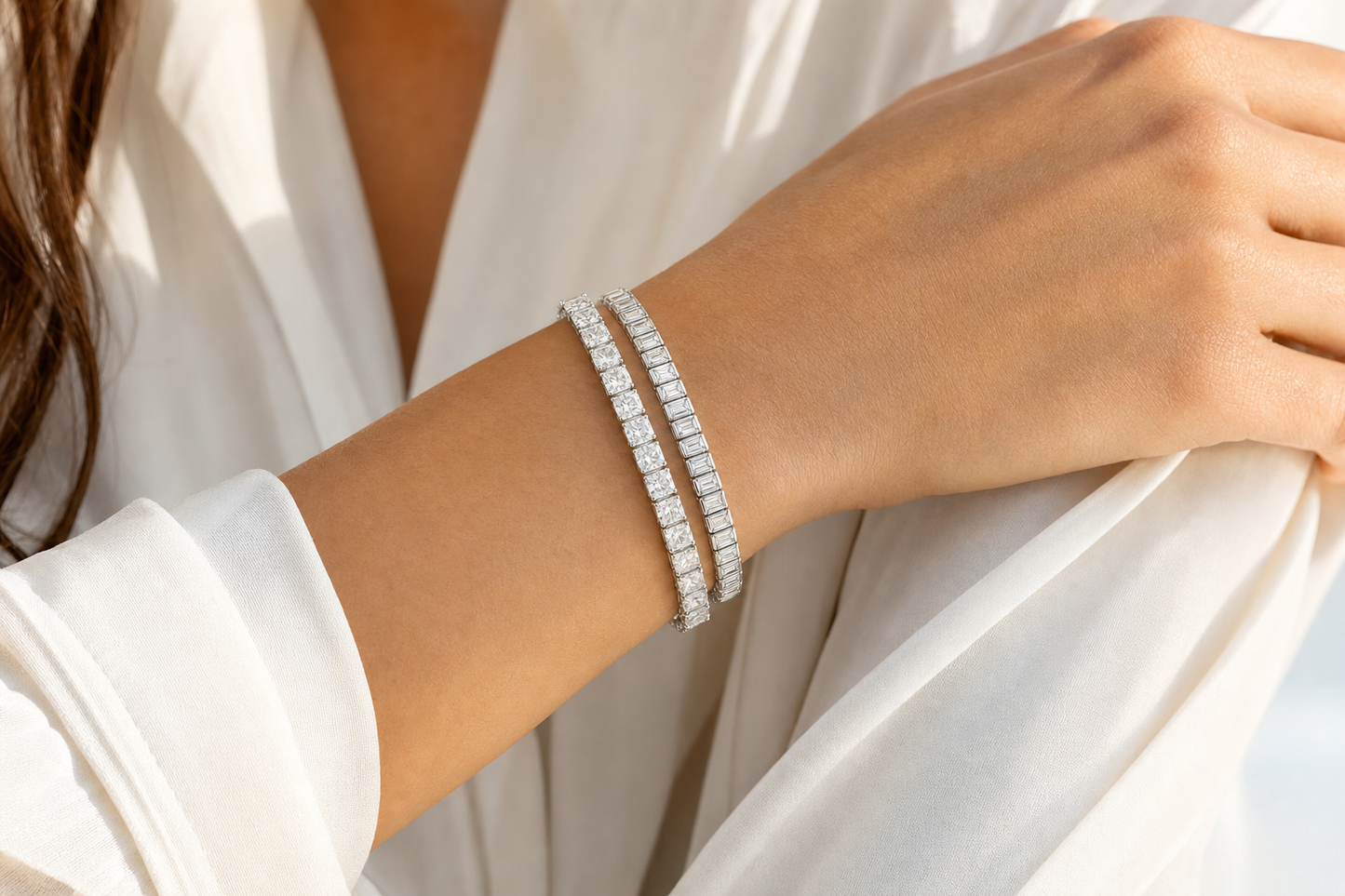 Radiant & Baguette sterling silver tennis bracelet stack - life