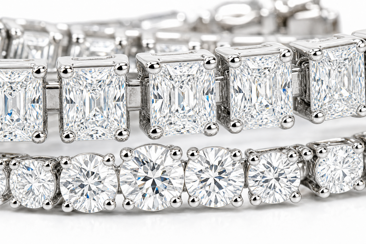Radiant & Round Riviera sterling silver tennis bracelet stack - detail