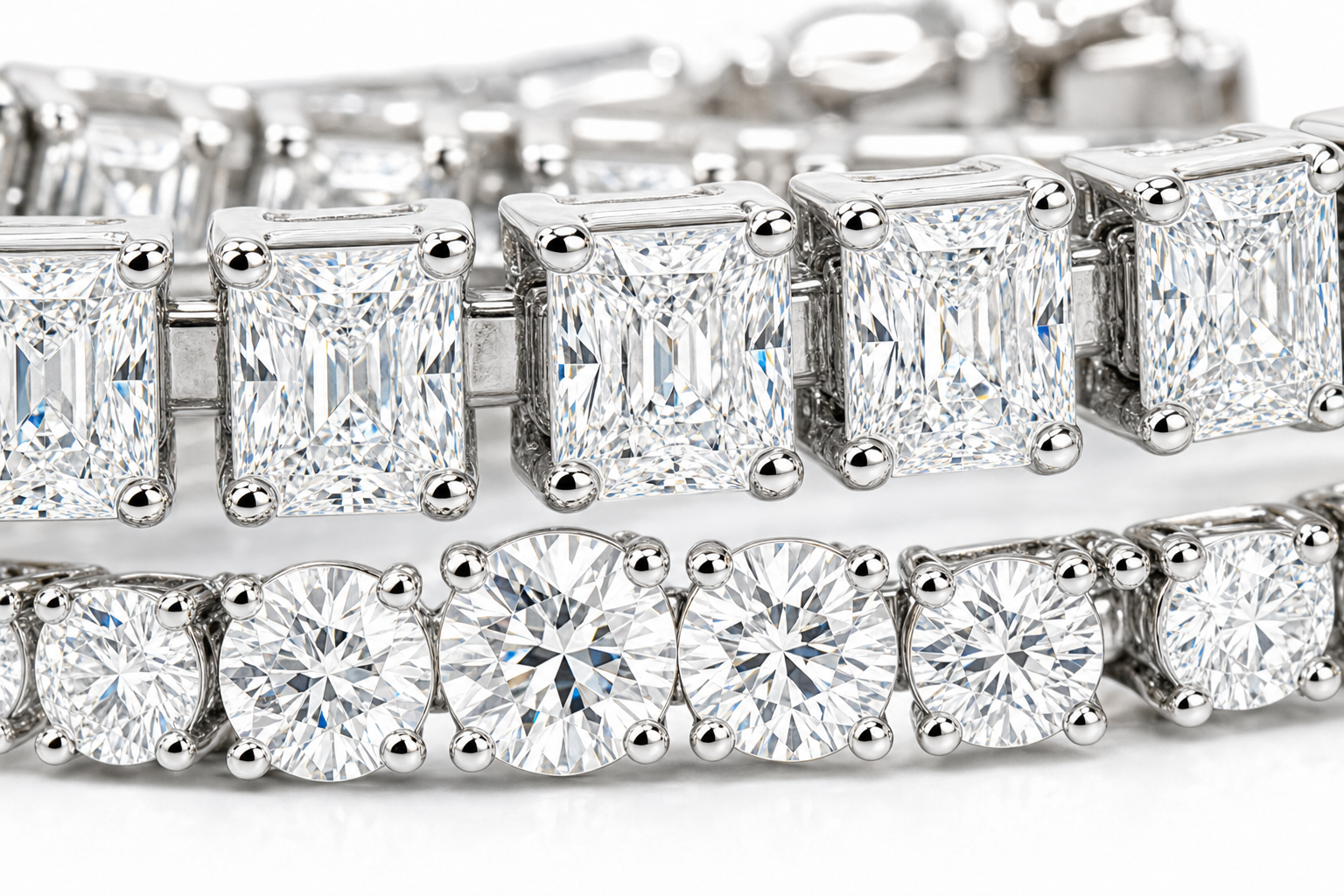 Radiant & Round Riviera sterling silver tennis bracelet stack - detail